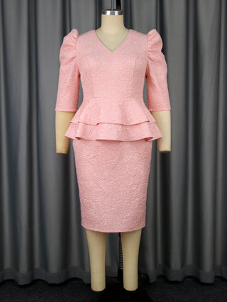 Puff Sleeves Jacquard Midi Dress