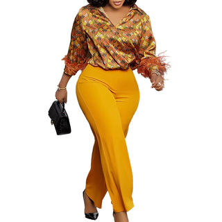 Office Ladies Fashion Print 2Pcs Pants Sets