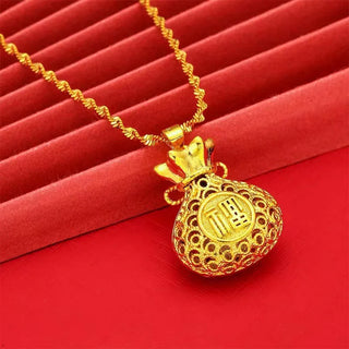Fashion AU999 Real Gold Lucky Bag Pendant Necklace for Women 24K Gold Retro Hollow Money Bag Pendant Clavicle Chain gift