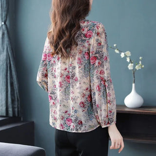 V-Neck Loose Floral Chiffon Blouse