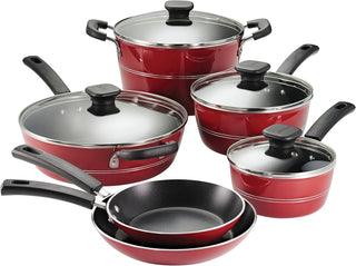 Sicilia 10-Piece Non Stick Cookware Set with Glass Lids, Aluminum Nonstick Pots and Pans Kitchen Set (Raspberry)