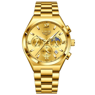 LIGE Luxury Man Watch Waterproof Calendar Business Quartz Wristwatch Fashion Moon Phase Gold Stainless Steel Men Watches Clock