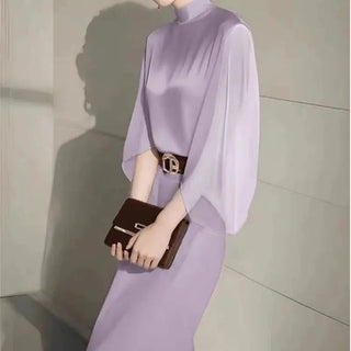 French Elegant Women's Party Outfits Autumn New Fashion Stand Collar Blouse + Temperament Bag Hip Midi Skirt Suit 2Pcs Set 433P