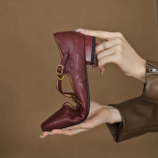 British Women Leather Strap Buckle Flats