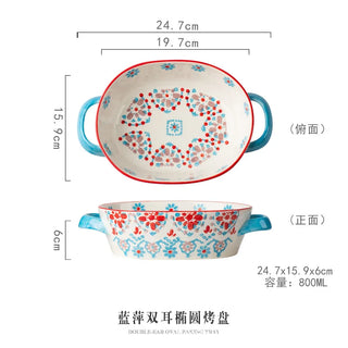 Bohemian Relief Double Ear Bowl, Ceramic Plate, Soup Plate, Oval Baking Tray, Tableware, Salad Bowl, Kitchen Utensils