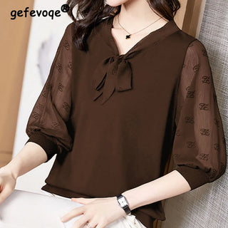 Elegant Drawstring Loose Chiffon Blouse