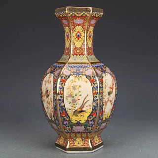 Antique Enamel Hexagonal Ceramic Vase
