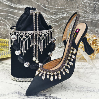 Venus Chan Fuchsia Color Pointed-Toe High Women Heels Shoes and Bags for Women Rhinestone Evening Party Elegant Luxury Handbag