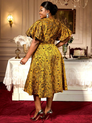 Floral Puff Sleeve Jacquard Dress