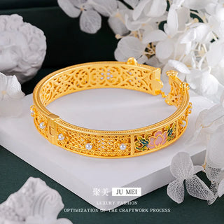Luxury 24K 9999 Pure Gold real gold Women's Bracelet with Filigold and Rich Pearl