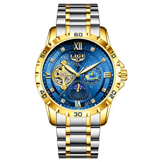 LIGE Man Mechanical Watch Stainless Steel Luxury Moon Phase Business Skeleton Waterproof Casual Automatic Movement Men's Watches