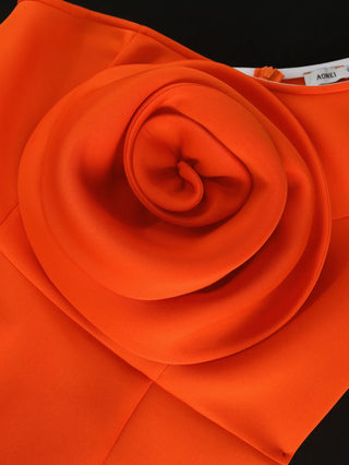 Women Orange One Shoulder Big Flower Rose Wedding Party Dress Sleeveless Package Hip Midi Length Celebrate Event Gown Plus Size