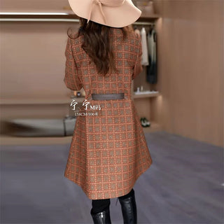 Women's Plaid Woolen Coat Fall Winter New Elegant Office Lady Notched Collar Lace-Up Jacket Fashion Bright Silk Outerwears 600P
