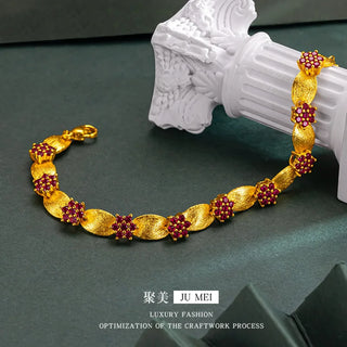 Luxury 24K 9999 Pure Gold real gold Women's Red Diamond Forged Band Plum Blossom Bracelet