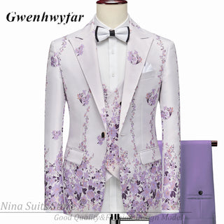 G&N 2023 New Series Men Suits Blazer Beautiful Lilac Purple Floral Pattern Tuxedos 3 Pieces Formal Party Costume Homme Slim Fit