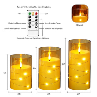 Flameless LED Candles with Embedded Star String Battery Operated Flickering Pillar Candle Light with Remote and Timer Home Decor