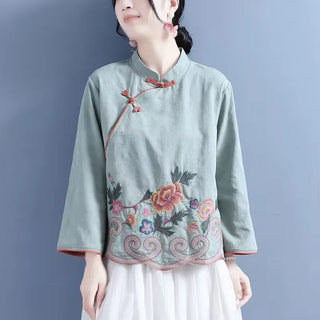 Stand-up Collar Cotton Embroidered Blouse
