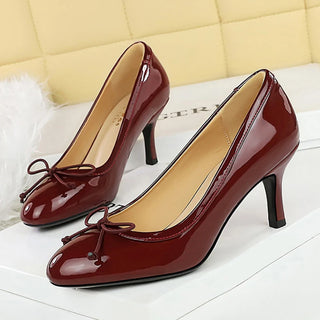 Women 7cm High Heels Lady Fashionable Elegant Butterfly Knots Round Toe Low Heels Pumps Female Leather Commuter Work Shoes