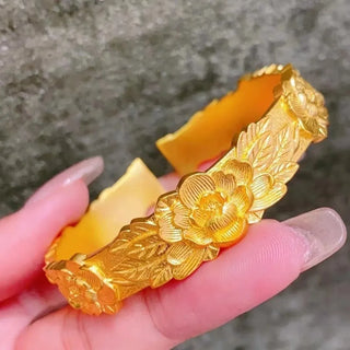 Luxury 24K 9999 Pure Gold real gold Peony Flower Women's Bracelet Double Happiness Wedding Wedding Opening Bracelet