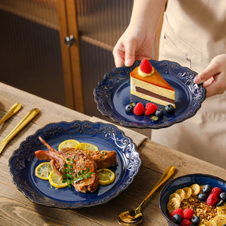 MALACASA 16 Piece Relief Blue Reactive Glaze Plates Dinner Sets Ceramic Dinnerware Set with 4 PCS Dinner Plate/Dessert/Bowl/Soup