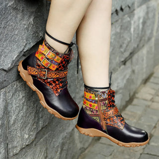 Women Floral Leather Vintage Ankle Boots
