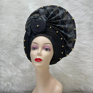 Gold African Headtie Elegant For Woman Nigerian Gele Already Made Auto Gele Turban Big Brim Party Headtie 1pcs/pack