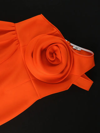 Women Orange One Shoulder Big Flower Rose Wedding Party Dress Sleeveless Package Hip Midi Length Celebrate Event Gown Plus Size