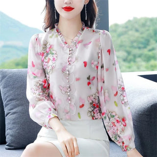 Elegant Floral Print Chiffon Blouse