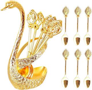 Ice Cream Cake Coffee Tea Stirring Spoons Dessert Swan Holder Cutlery Spoons Set Cutlery Kitchen Tableware 1 Set of 7 Pieces