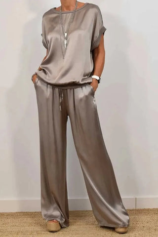 Smooth Satin Short Sleeve Pant Set