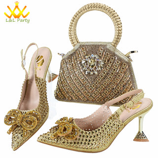 Orange Color New Arrivals Italian Design Nigerian Women Shoes and Bag Set Pointed Toe Slipper with Shinning Crystal for Party