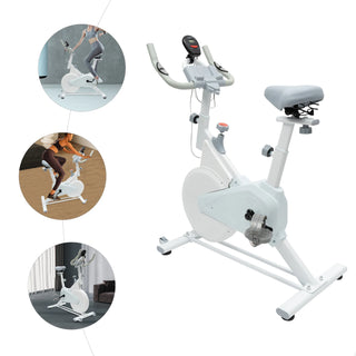 Indoor Fitness Bike White, 4kg Flywheel, Wool Pad Silent Braking, Adjustable Seat/Handle, LCD Display, 80kg Capacity