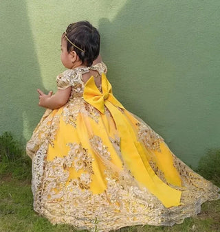 Customized Yellow Flower Girl Dress For Wedding Gold Appliques Backless Floor Length Classic Toddler Birthday Party Ball Gown