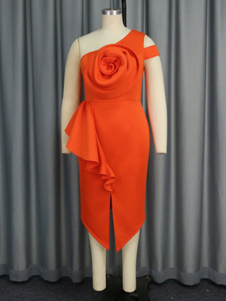 Women Orange One Shoulder Big Flower Rose Wedding Party Dress Sleeveless Package Hip Midi Length Celebrate Event Gown Plus Size