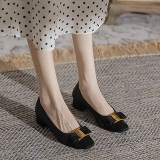 New Temperament Elegant Fashion High-heeled Shoes Women's Shoes Spring Bow Mid-heel Leather All-match Thick-heeled Shoes