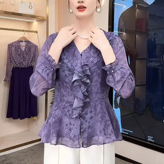 Elegant Floral Ruffles Fashion Chiffon Blouse