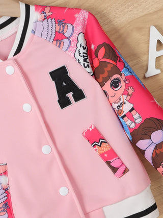 Girls Letter "A" Pattern Cartoon Doll Print Baseball Uniform Jacket, Children's Spring and Autumn Casual Jacket