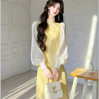 Chinese Stand Collar Slanted Front Cheongsam Dress Women Elegant Butterfly Print Midi Dresses Spring Patchwork Party Dress 229B