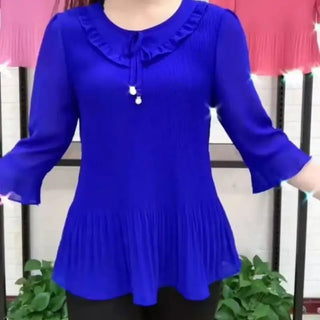 Pleated 3/4 Sleeve Casual O-Neck Blouse