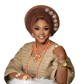 New African Headtie Turban Nigeria Head Ties with Flowers Already Made Auto Gele Women Head Wraps for Wedding Party