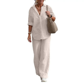 Two-piece Set Women Summer Suit Plus Size Cotton Linen Single-breasted Shirt Trousers Casual Top Wide Leg Pants Loose Outfits