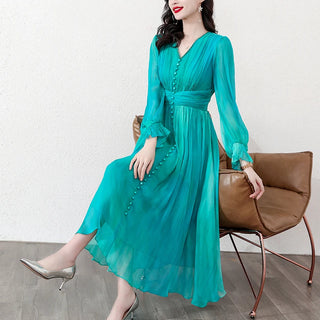 Vintage Print Women Holiday Dress Elegant Beading V-Neck Long Sleeve Slim High Waist Midi Dress Female Summer Robe Clothing J099