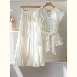 White Chiffon Women's Set Soft A-Line Pleated Long Skirt Short Sleeve Blouse Belt Single Breasted Shirts Suit 2 Piece Sets