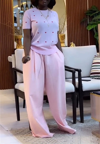 African Two Piece Set Women's Outfits 2025 Summer Casual Sweet Fashion Heart Short Sleeve Top and Wide Leg Long Pants Sets
