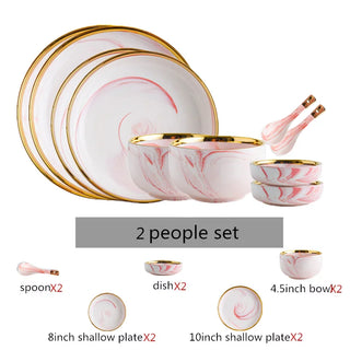 Pink Gilded Marble PatternPorcelain Dinner Plate Salad Noodles Bowl Spoon Ceramic Kitchen Tableware 1Set
