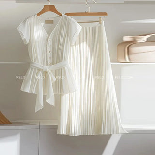 White Chiffon Women's Set Soft A-Line Pleated Long Skirt Short Sleeve Blouse Belt Single Breasted Shirts Suit 2 Piece Sets