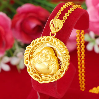 Unisex 24K Gold AU999 Flame-Embraced Avalokiteshvara & Maitreya Pendant | Vine-wrapped with shell inlay, fresh for casual looks
