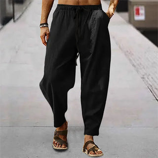 New Men Cotton Linen Pants Summer and Autumn Solid High Waist Wide-Leg Trousers Male Loose Hemp Casual Breathable Sports Pants