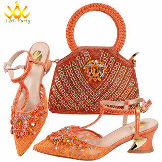 Orange Color New Arrivals Italian Design Nigerian Women Shoes and Bag Set Pointed Toe Slipper with Shinning Crystal for Party