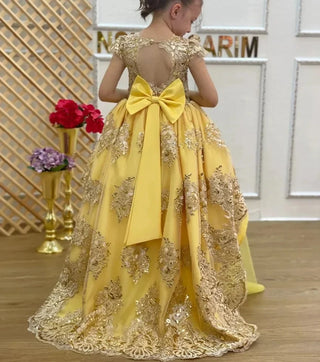 Customized Yellow Flower Girl Dress For Wedding Gold Appliques Backless Floor Length Classic Toddler Birthday Party Ball Gown